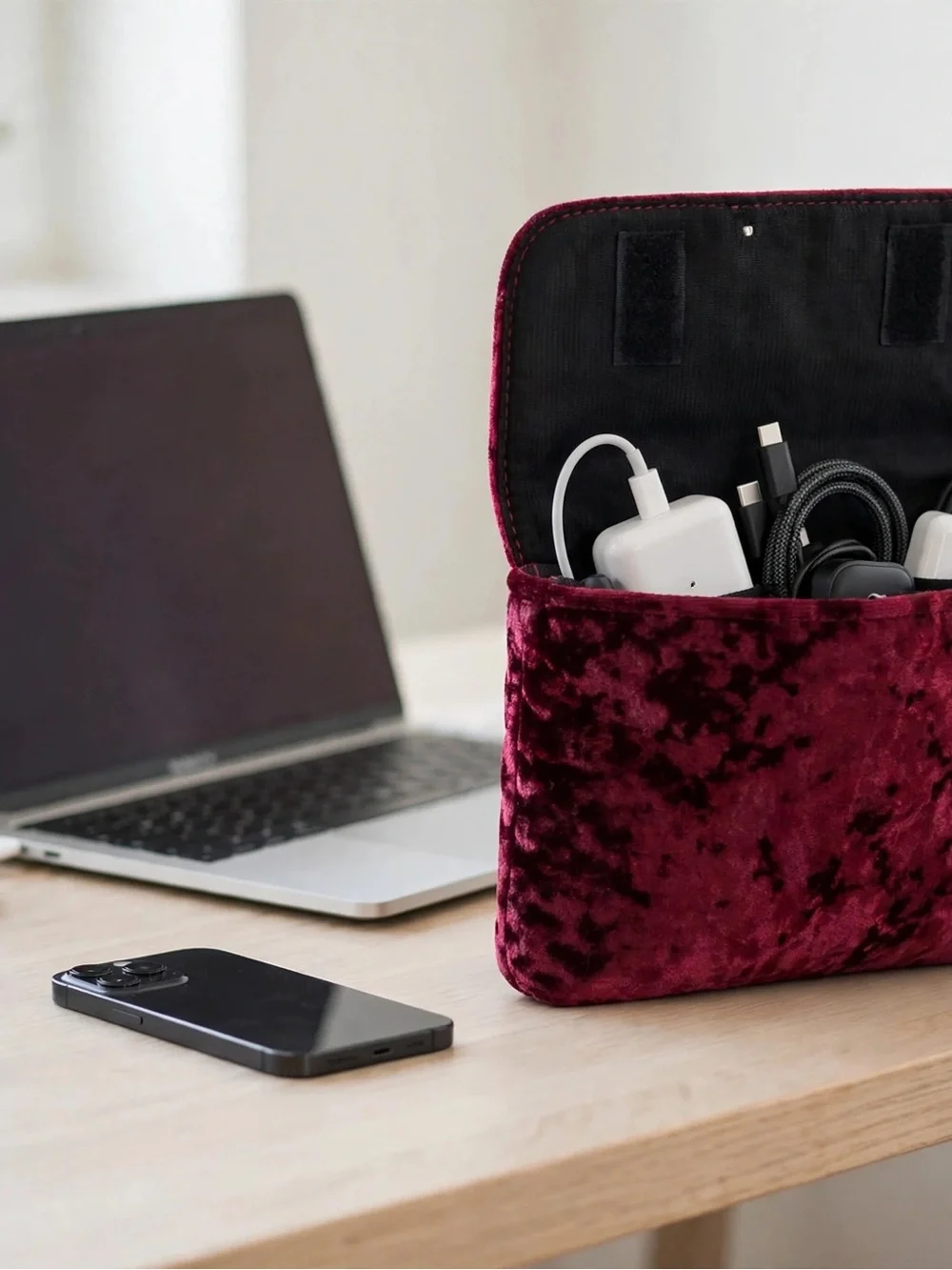 Velvet Tech Organizer Pouch in Deep Burgundy - Tablet & Accessory Sleeve